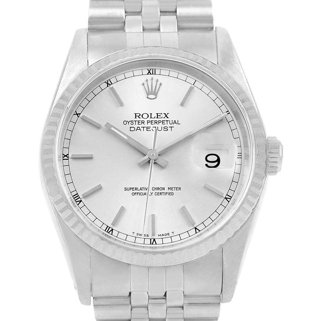 This Rolex Datejust 16234 Men's Stainless Steel Silver Dial 16234 Men's Stainless Steel Silver Dial watch is shown from a top-down angle, displaying the dial, bezel, and bracelet.