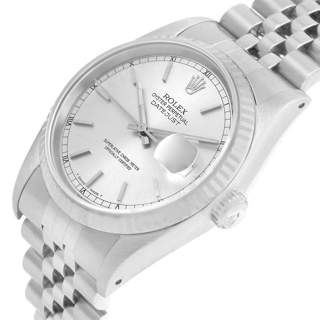 The image shows a close-up angled view of a Rolex Datejust 16234 Men's Stainless Steel Silver Dial 16234 Men's Stainless Steel Silver Dial watch, displaying the dial, bezel, crown, and part of the bracelet.
