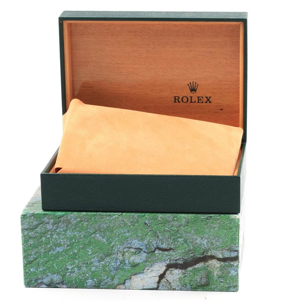 The image shows an open box for a Rolex Datejust 16234 Men's Stainless Steel Silver Dial 16234 Men's Stainless Steel Silver Dial watch, revealing the interior and a suede cushion.