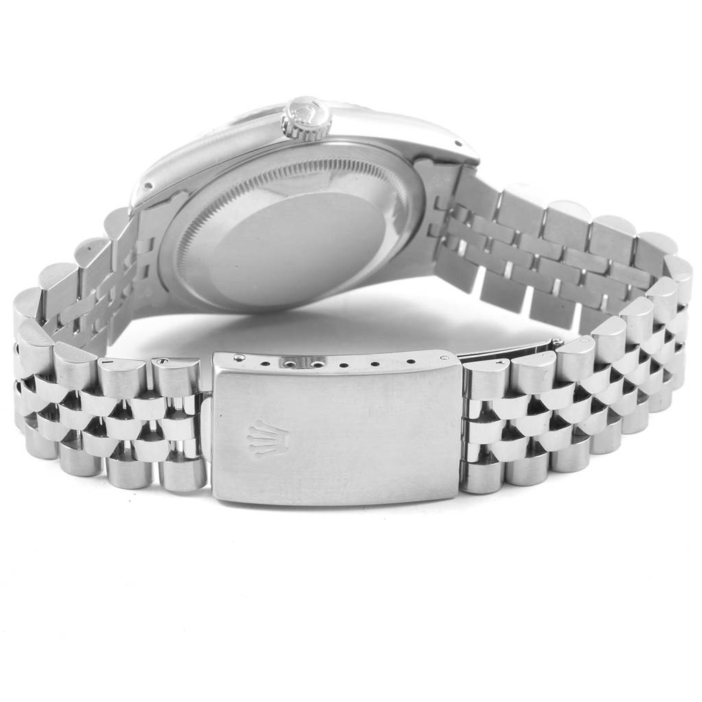 The image shows a Rolex Datejust 16234 Men's Stainless Steel Silver Dial 16234 Men's Stainless Steel Silver Dial model watch from the back angle, highlighting the clasp and bracelet.