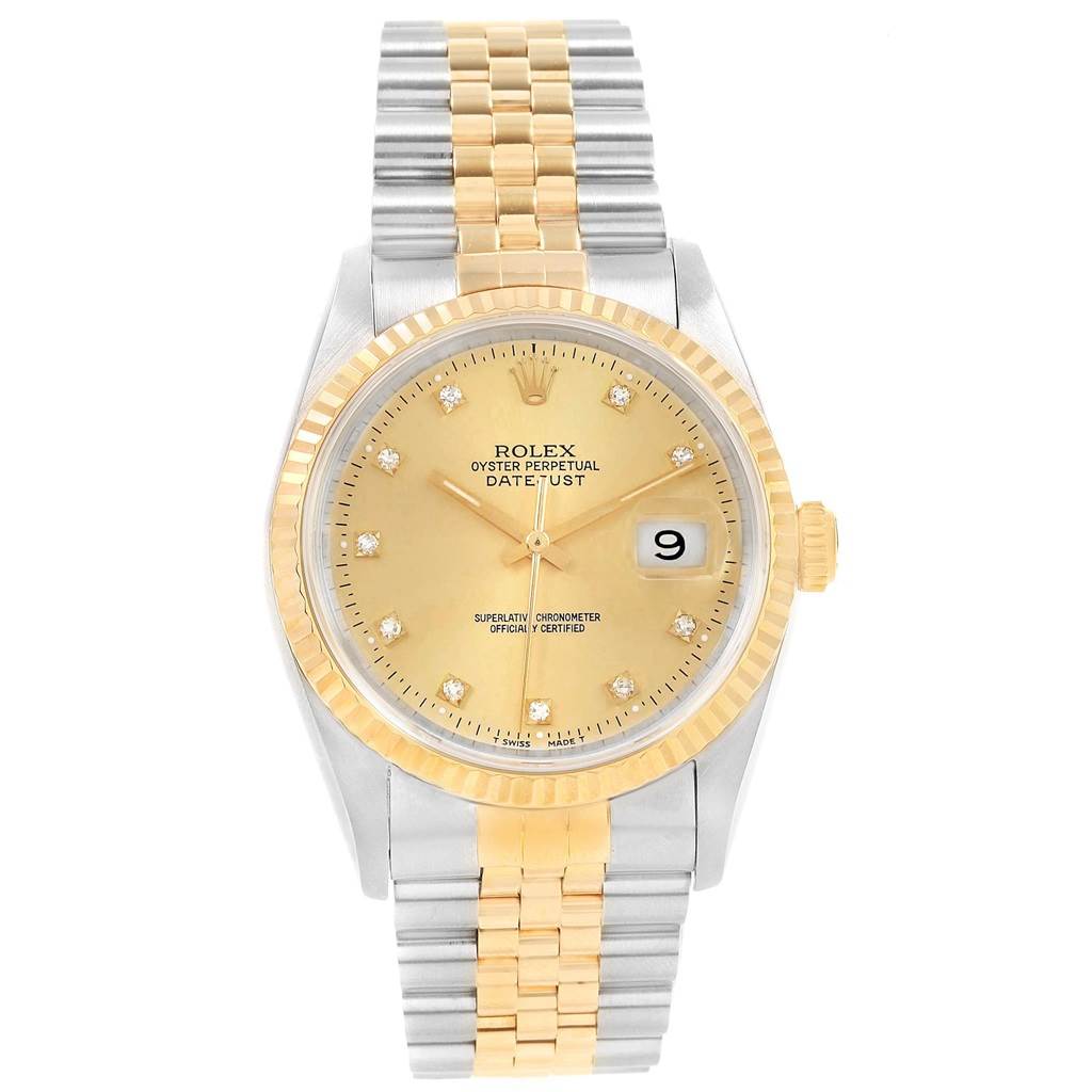 This is a frontal view of a Rolex Datejust 16233 Men's Steel and Gold (two tone) Champagne Dial 16233 Men's Steel and Gold (two tone) Champagne Dial watch, showing the face, bezel, crown, and jubilee bracelet.