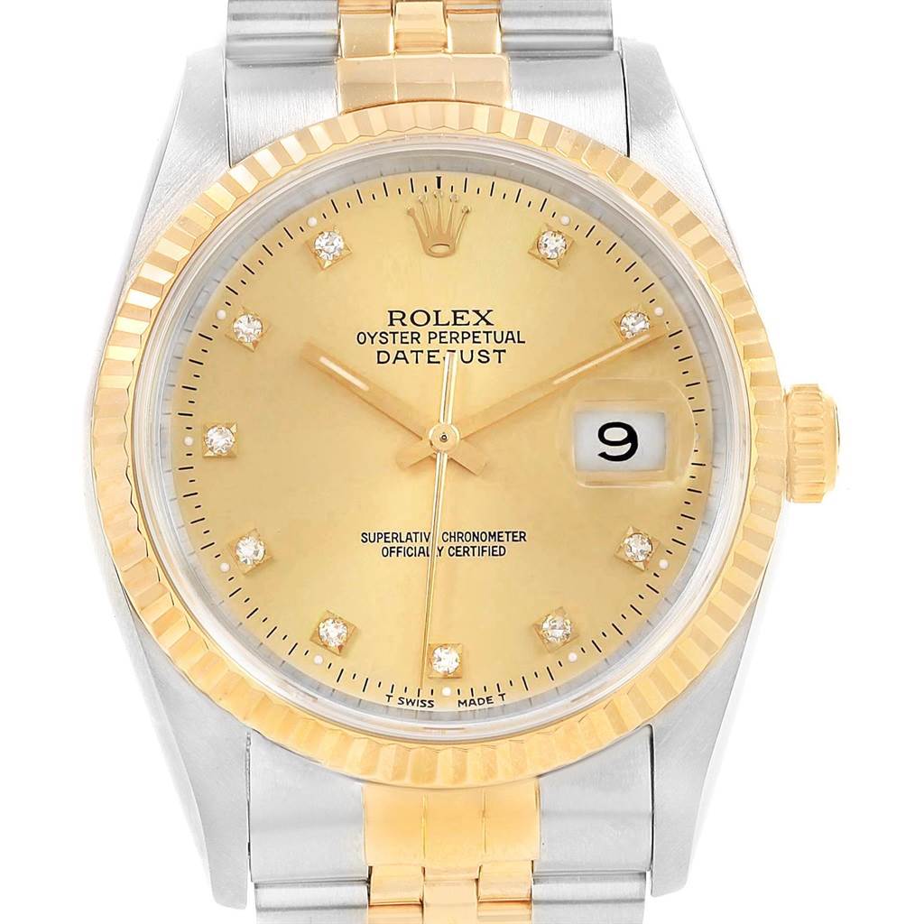 This Rolex Datejust 16233 Men's Steel and Gold (two tone) Champagne Dial 16233 Men's Steel and Gold (two tone) Champagne Dial watch is shown from the front, highlighting its dial, hands, bezel, date window, and bracelet.