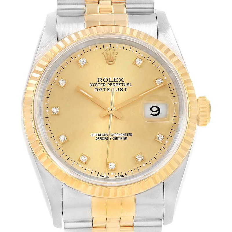 Rolex Datejust 36 Steel 18K Yellow Gold Diamond Dial Mens Watch 16233 SwissWatchExpo