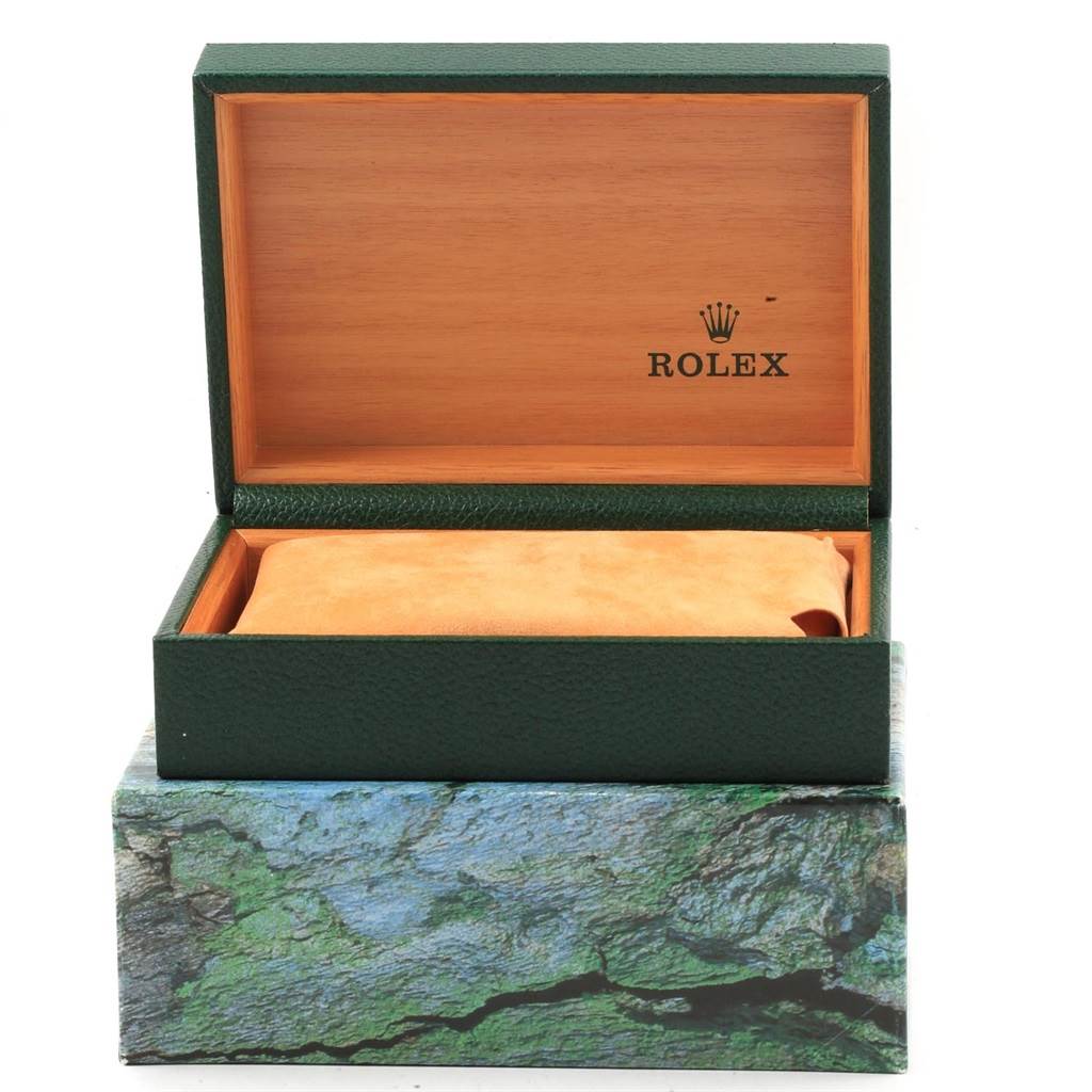 The image shows an open Rolex Datejust 16233 Men's Steel and Gold (two tone) Champagne Dial 16233 Men's Steel and Gold (two tone) Champagne Dial watch box from a front angle, revealing a cushion inside.