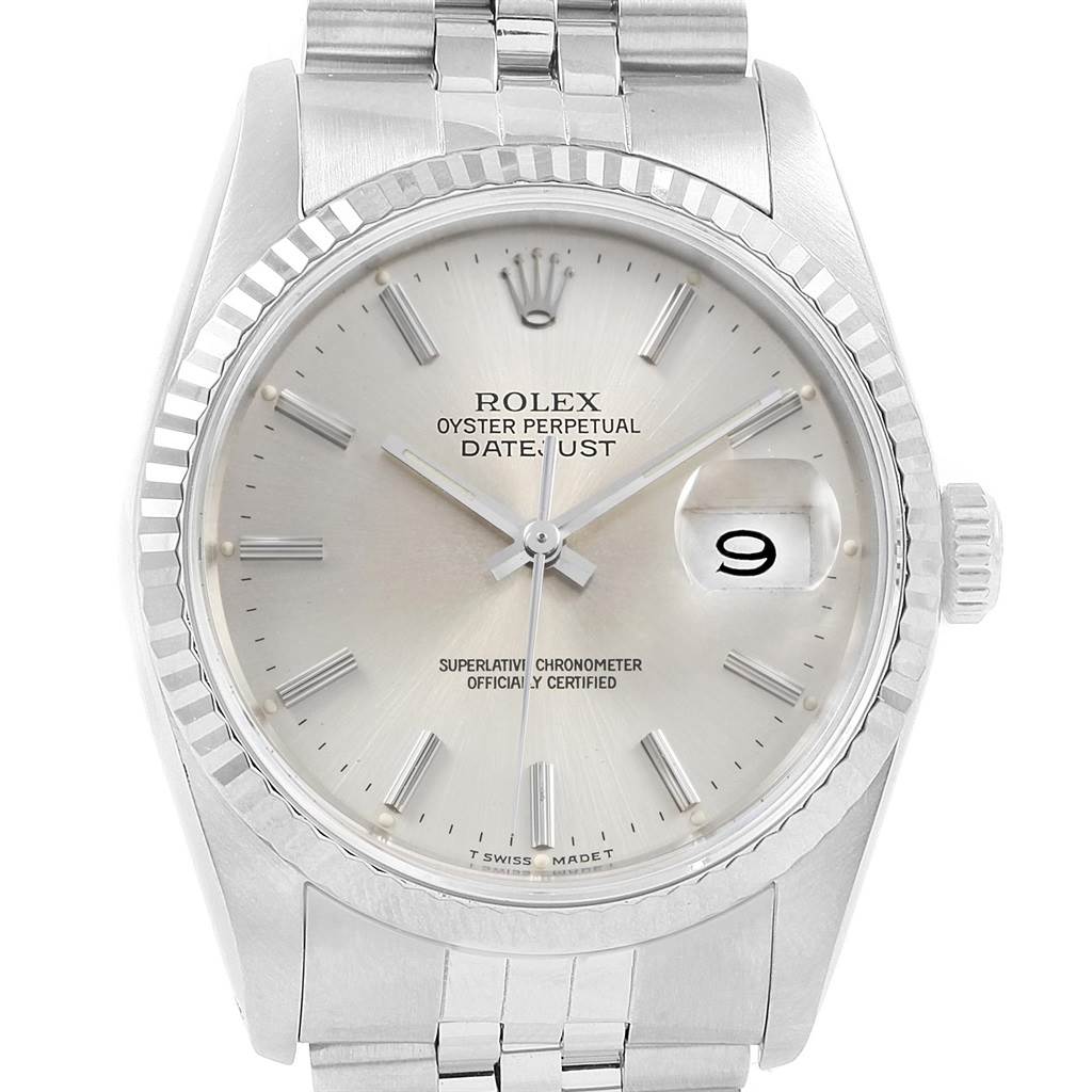 The image shows a front view of a Rolex Datejust 16234 Men's Stainless Steel Silver Dial 16234 Men's Stainless Steel Silver Dial watch, displaying the face, bezel, crown, and part of the bracelet.