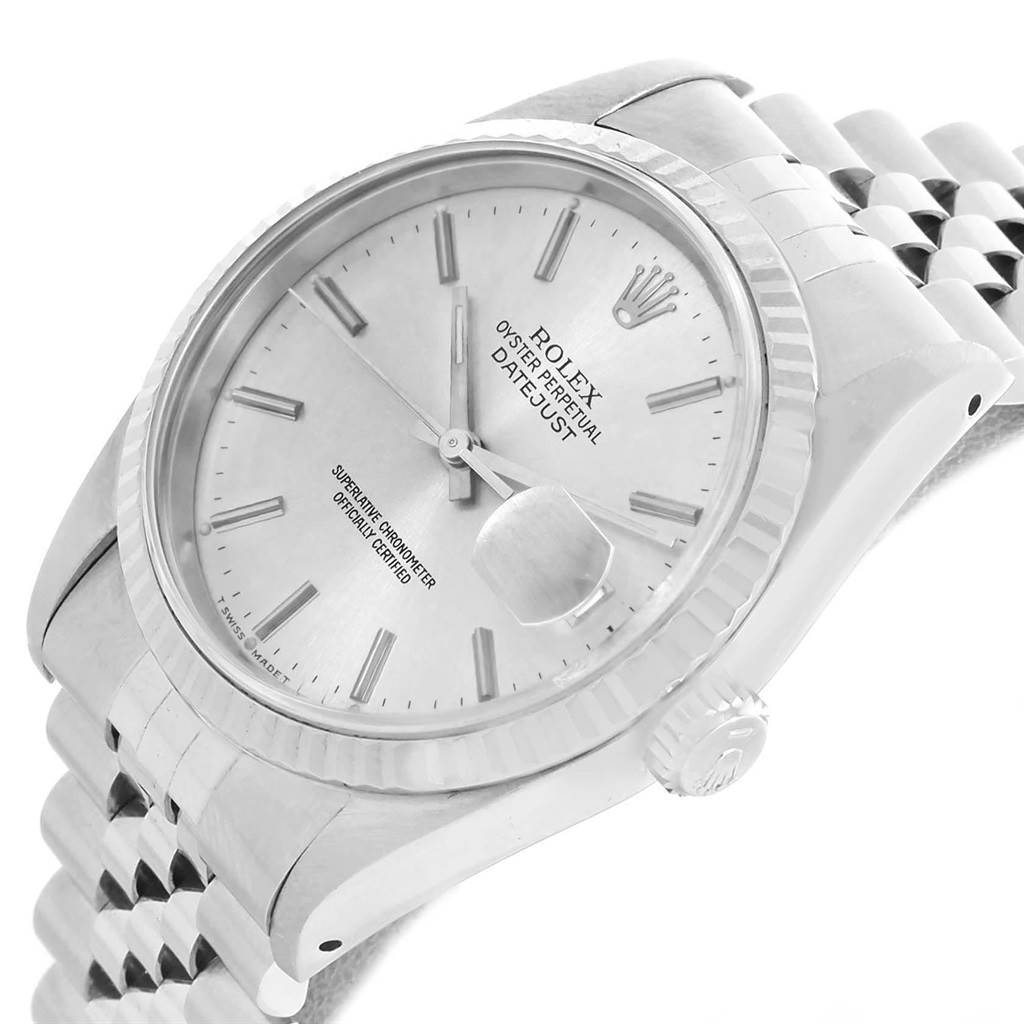 The image shows a Rolex Datejust 16234 Men's Stainless Steel Silver Dial 16234 Men's Stainless Steel Silver Dial watch at a slight angle, highlighting the dial, fluted bezel, crown, and part of the bracelet.