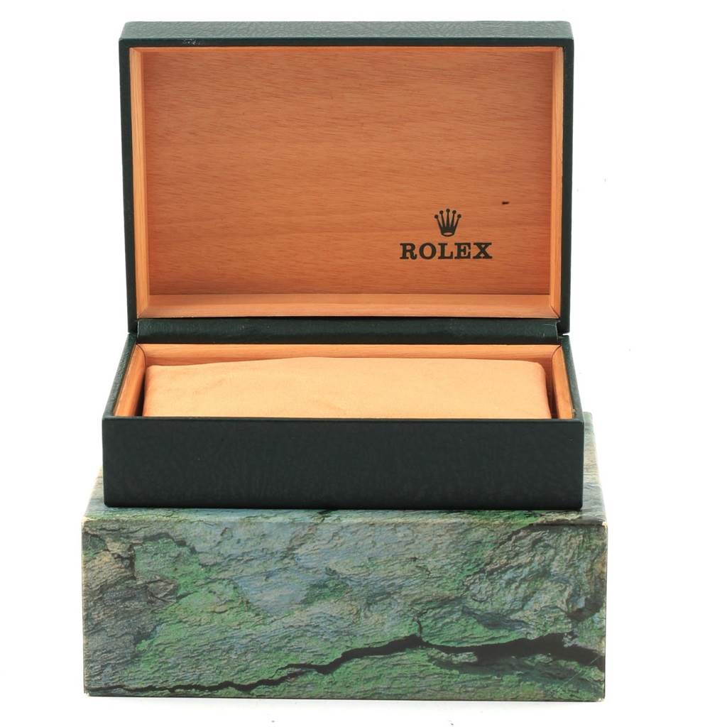 This image shows an open box for a Rolex Datejust 16234 Men's Stainless Steel Silver Dial 16234 Men's Stainless Steel Silver Dial watch, revealing the inner wooden compartment and the Rolex logo.