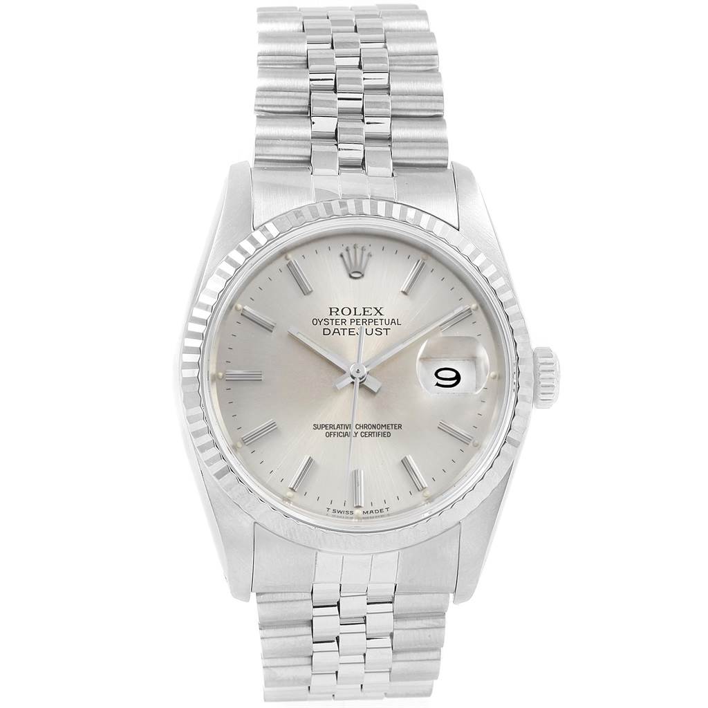 This image shows a frontal view of a Rolex Datejust 16234 Men's Stainless Steel Silver Dial 16234 Men's Stainless Steel Silver Dial watch, displaying the dial, bezel, case, bracelet, and date window.