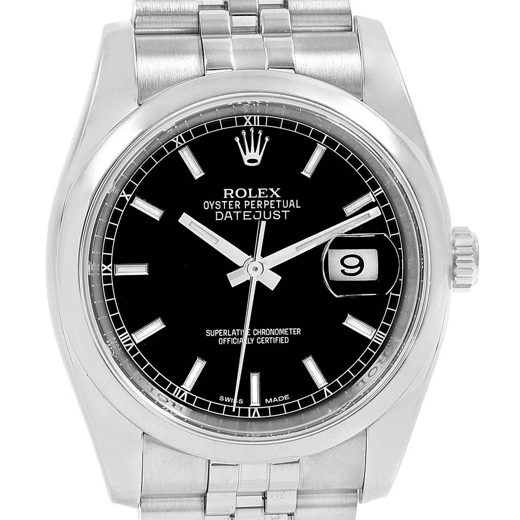 This is a frontal view of a Rolex Datejust 116200 Men
s Stainless Steel Black Dial 116200 Men
s Stainless Steel Black Dial, showing the dial, hands, date window, and part of the bracelet.