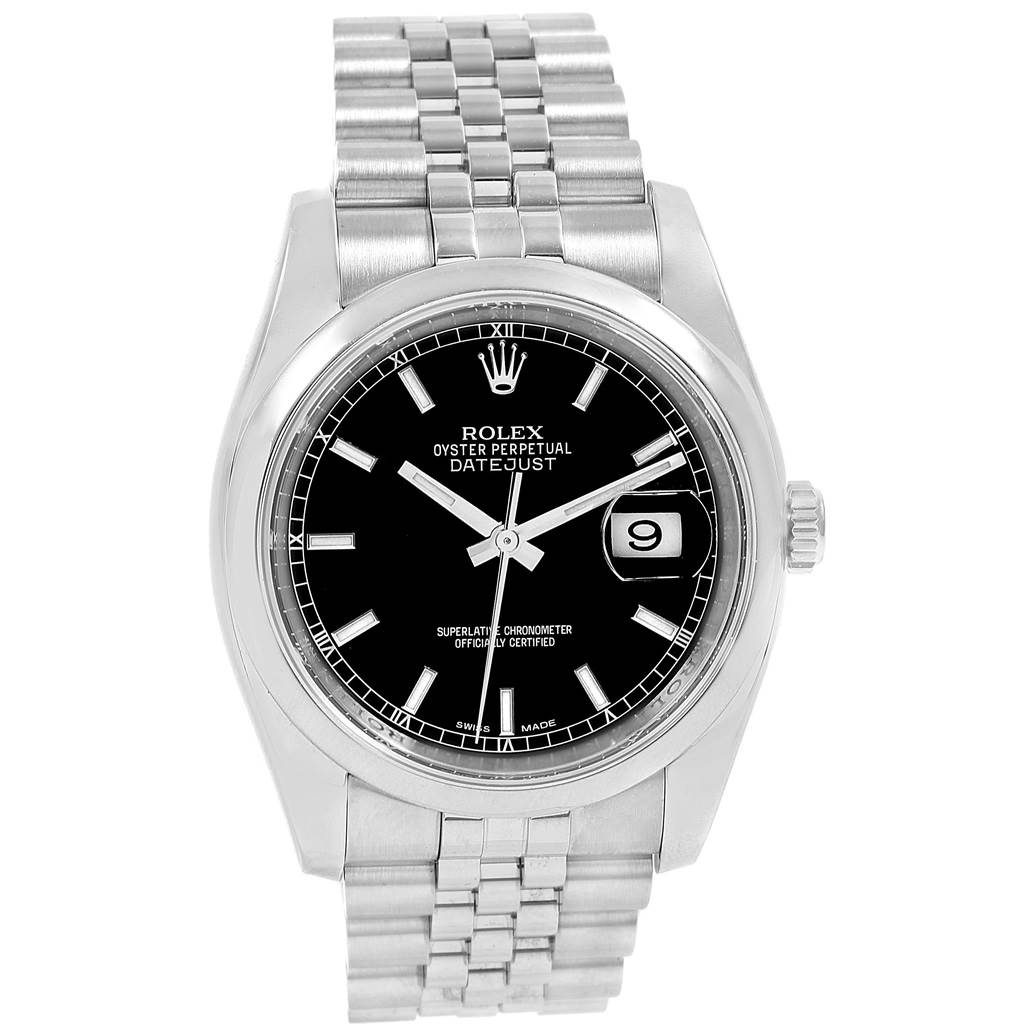 The Rolex Datejust 116200 Men
s Stainless Steel Black Dial 116200 Men
s Stainless Steel Black Dial watch is shown from a top view, displaying its black dial, bracelet, and date window.