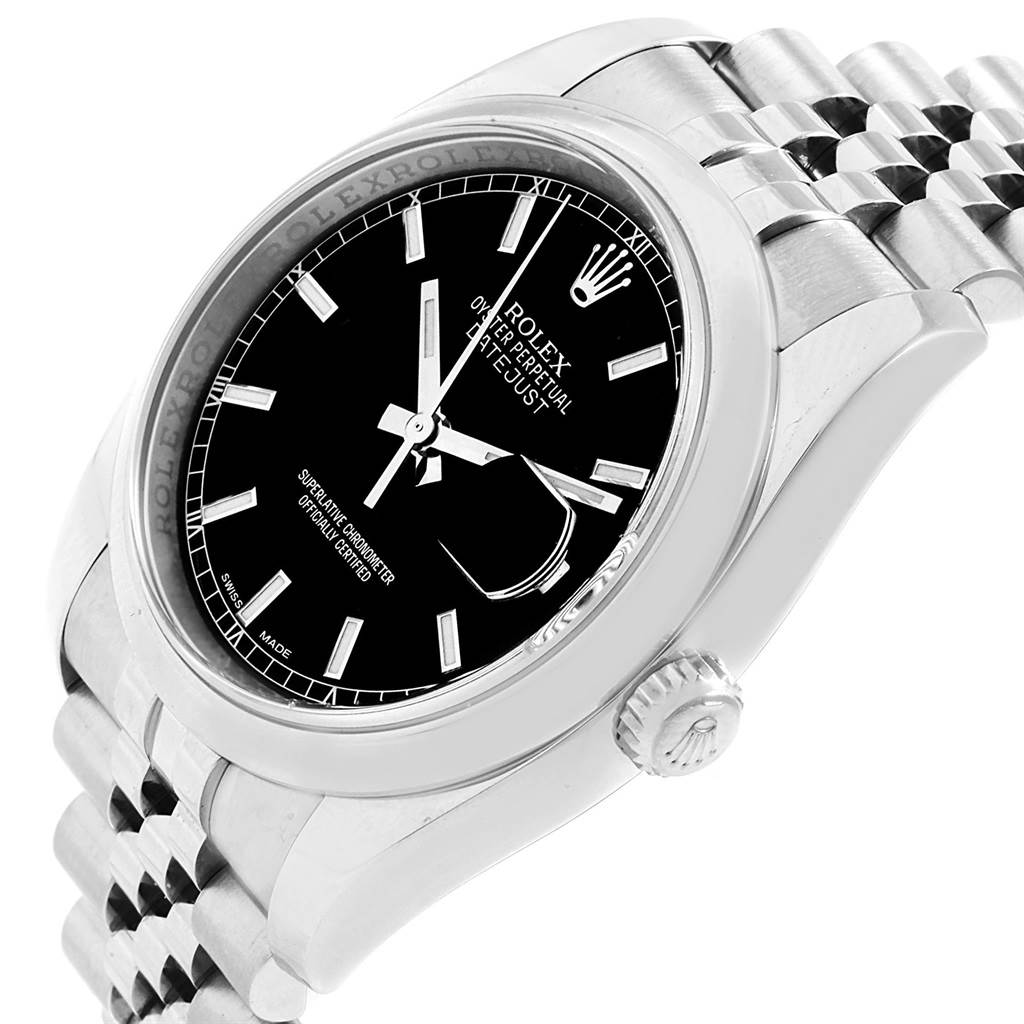 This image shows a side angle of a Rolex Datejust 116200 Men
s Stainless Steel Black Dial 116200 Men
s Stainless Steel Black Dial watch, highlighting the bezel, crown, and part of the bracelet.