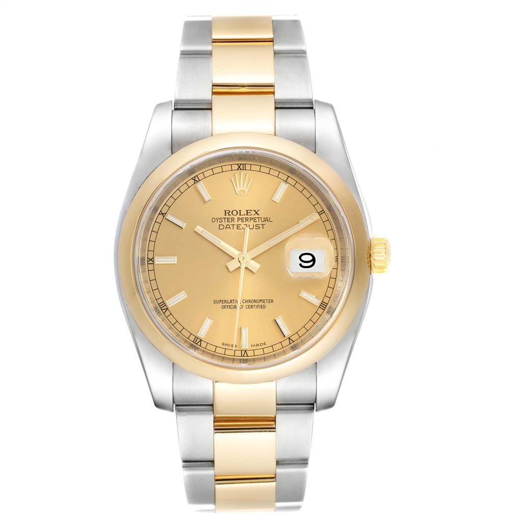 The image shows a Rolex Datejust 116203 Men's Stainless Steel Champagne Dial 116203 Men's Stainless Steel Champagne Dial model watch from a front-facing angle, featuring its dial, bezel, and bracelet.