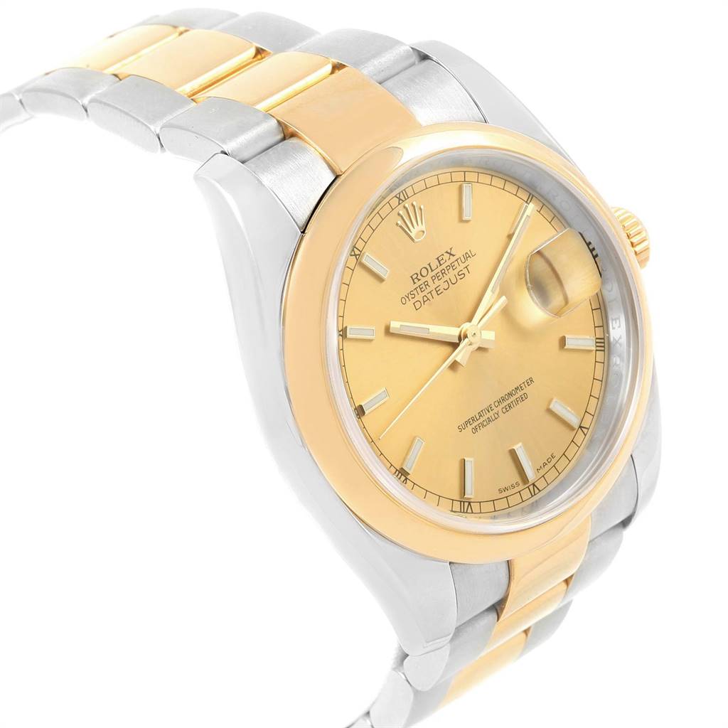 The Rolex Datejust 116203 Men's Stainless Steel Champagne Dial 116203 Men's Stainless Steel Champagne Dial watch is shown at an angle emphasizing its dial, bracelet, bezel, crown, and date magnifier.