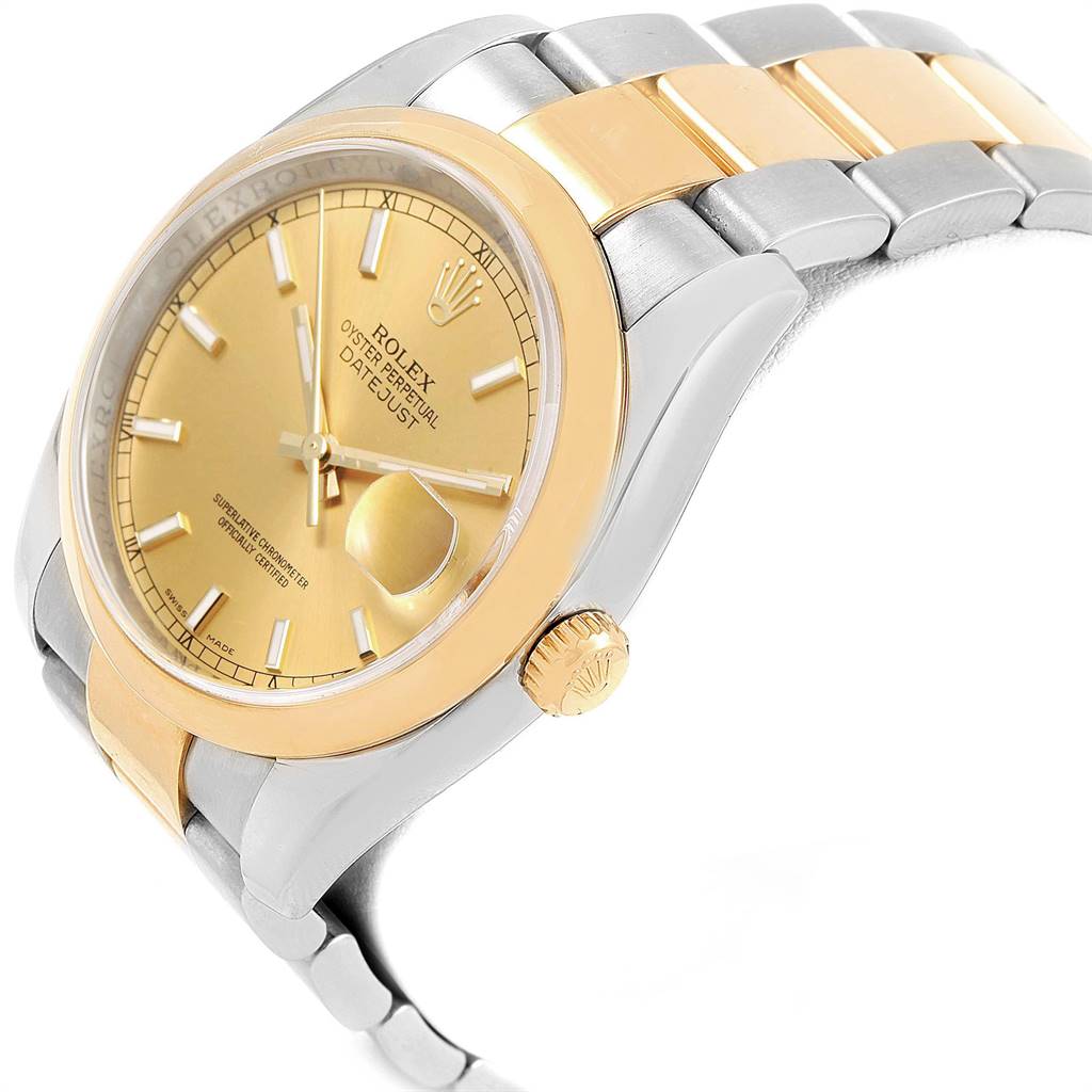 This image shows a Rolex Datejust 116203 Men's Stainless Steel Champagne Dial 116203 Men's Stainless Steel Champagne Dial watch at an angled view, highlighting the gold and silver bracelet, dial, and crown.