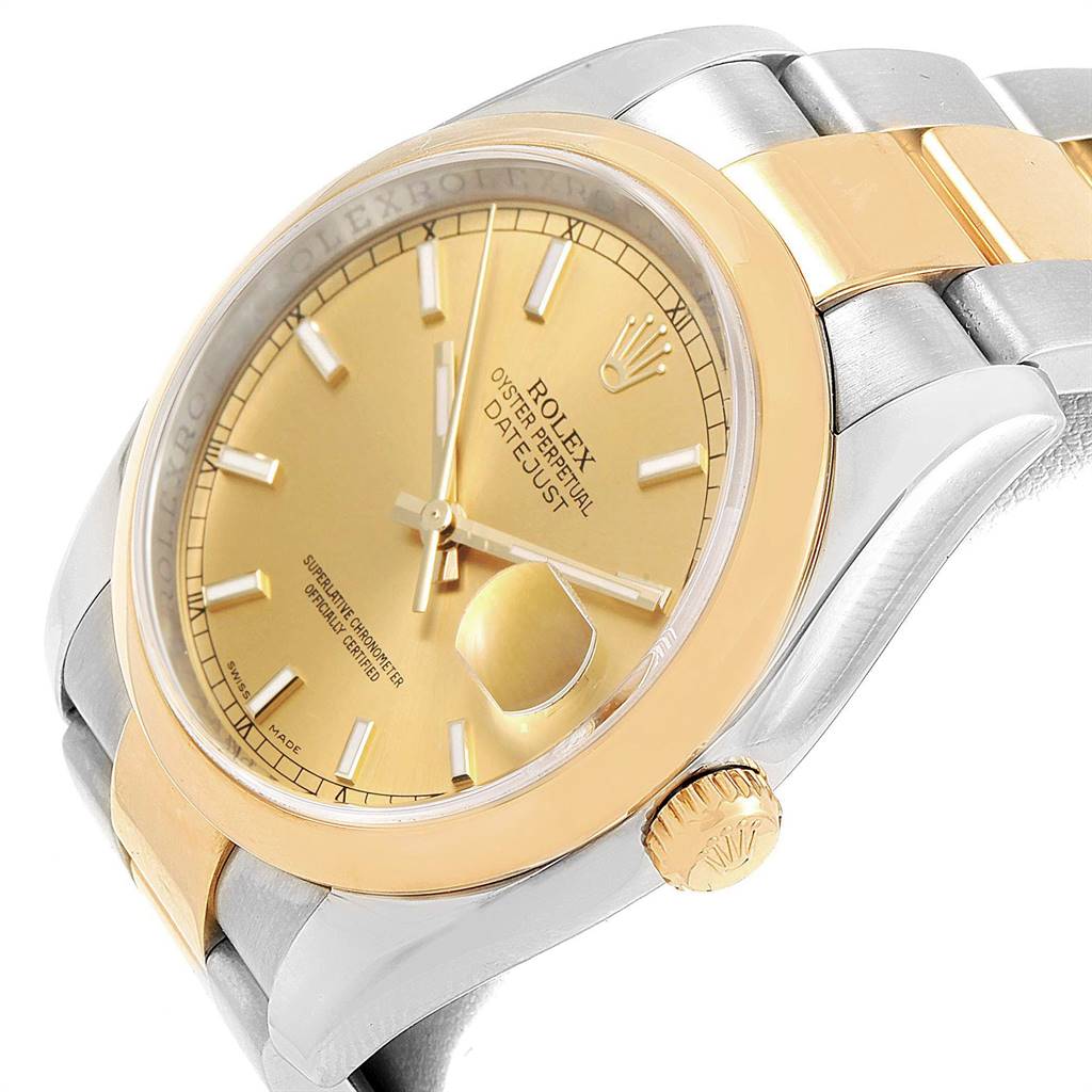 The image shows a close-up, angled view of a Rolex Datejust 116203 Men's Stainless Steel Champagne Dial 116203 Men's Stainless Steel Champagne Dial watch, highlighting the gold dial, bezel, and crown.