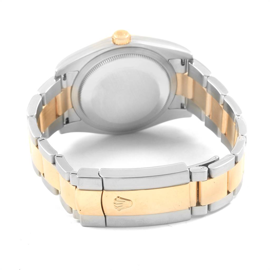 The image shows the back of a Rolex Datejust 116203 Men's Stainless Steel Champagne Dial 116203 Men's Stainless Steel Champagne Dial watch, focusing on the case back and two-tone bracelet with the clasp.