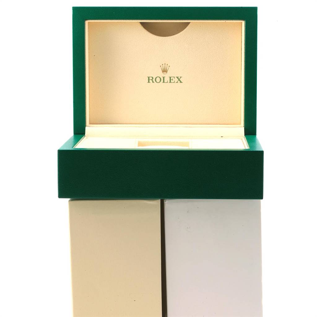 The image shows an open green and beige Rolex Datejust 116203 Men's Stainless Steel Champagne Dial 116203 Men's Stainless Steel Champagne Dial watch box, viewed from the front.