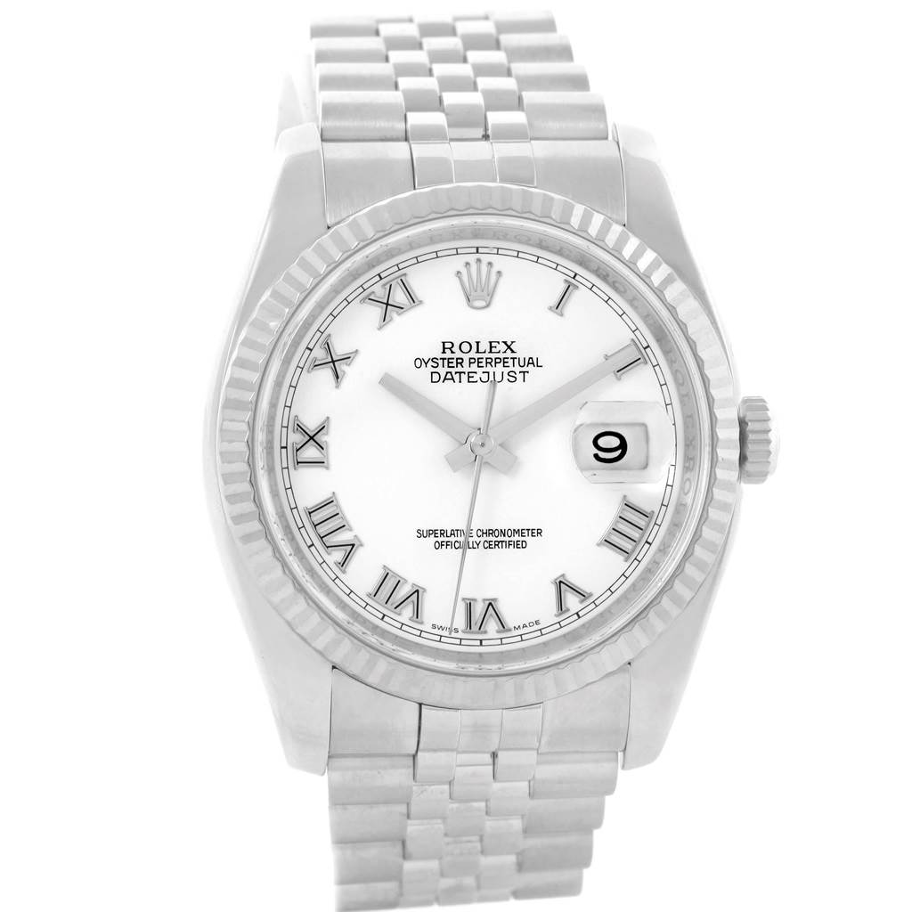 The image shows a front view of a Rolex Datejust 116234 Men
s Stainless Steel White Dial 116234 Men
s Stainless Steel White Dial watch, highlighting its dial, bezel, and bracelet.