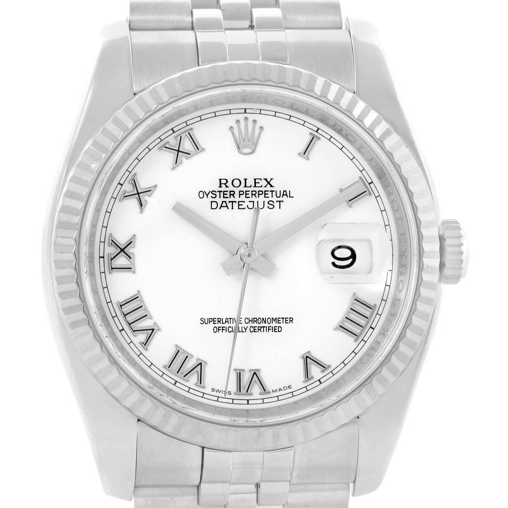 This Rolex Datejust 116234 Men
s Stainless Steel White Dial 116234 Men
s Stainless Steel White Dial watch is shown from a top-down angle, highlighting its white dial, Roman numerals, bracelet, and fluted bezel.