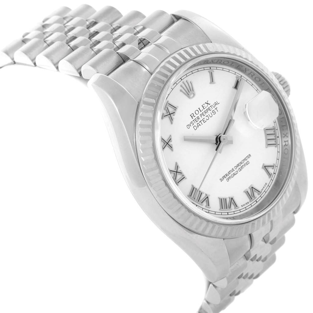 The image shows a Rolex Datejust 116234 Men
s Stainless Steel White Dial 116234 Men
s Stainless Steel White Dial watch angled to highlight the face, bezel, and part of its bracelet with Roman numerals visible on the dial.