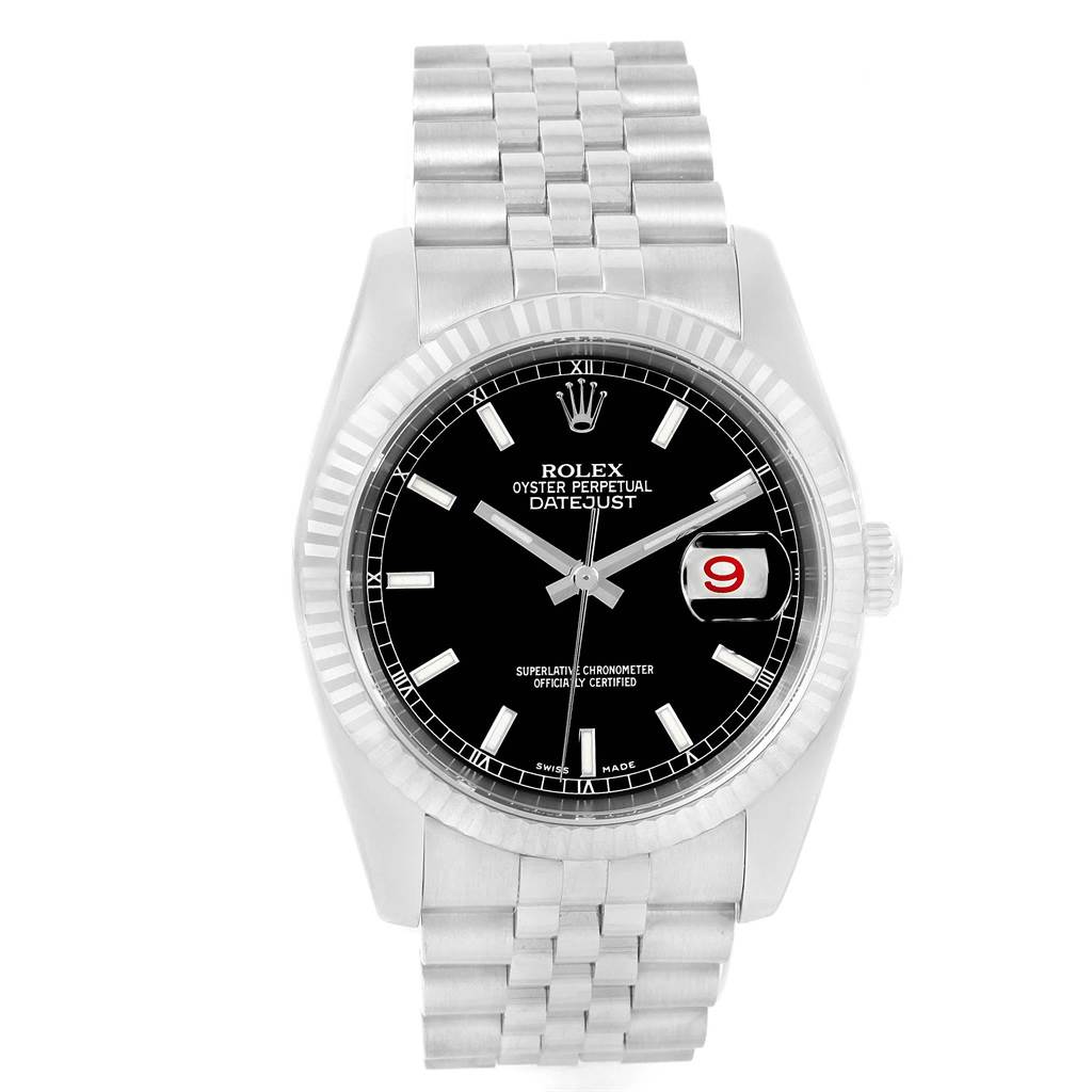The Rolex Datejust 116234 Men
s Stainless Steel Black Dial 116234 Men
s Stainless Steel Black Dial watch is shown from a top-down angle, displaying its face, bezel, and part of the bracelet.