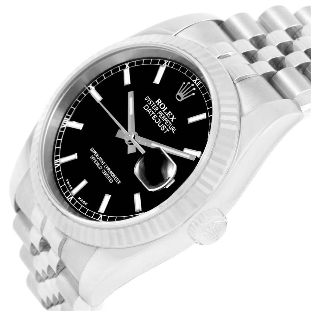 The image shows a Rolex Datejust 116234 Men
s Stainless Steel Black Dial 116234 Men
s Stainless Steel Black Dial watch from a tilted angle, highlighting the dial, bezel, and part of the bracelet.