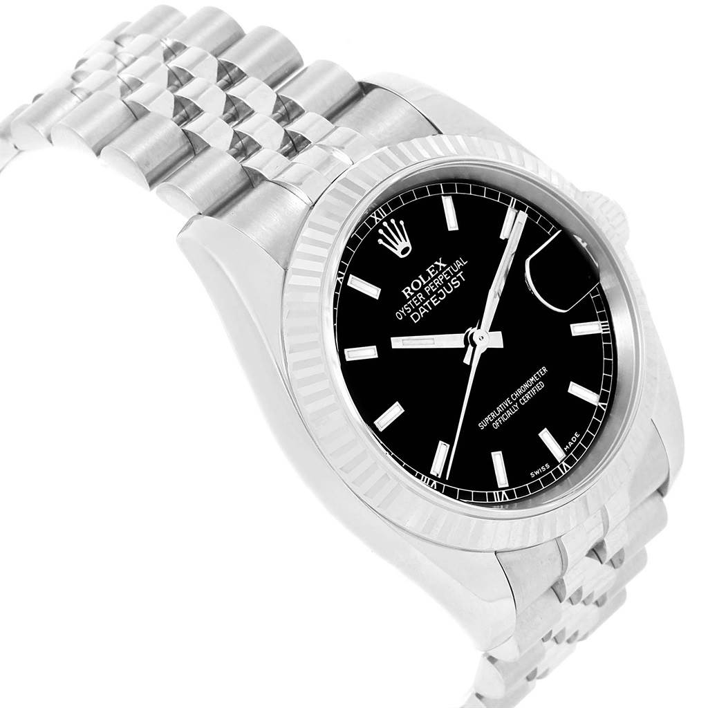 The Rolex Datejust 116234 Men
s Stainless Steel Black Dial 116234 Men
s Stainless Steel Black Dial watch is shown at a slight angle, highlighting the dial, bezel, and part of the bracelet.