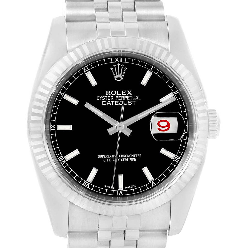 The image shows a front view of the Rolex Datejust 116234 Men
s Stainless Steel Black Dial 116234 Men
s Stainless Steel Black Dial watch, highlighting the black dial and the date magnifier.
