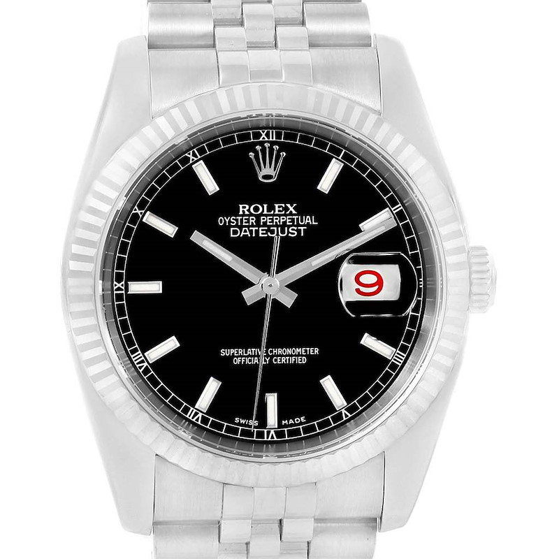 Rolex Datejust Steel White Gold Black Dial Jubilee Bracelet Watch 116234 SwissWatchExpo