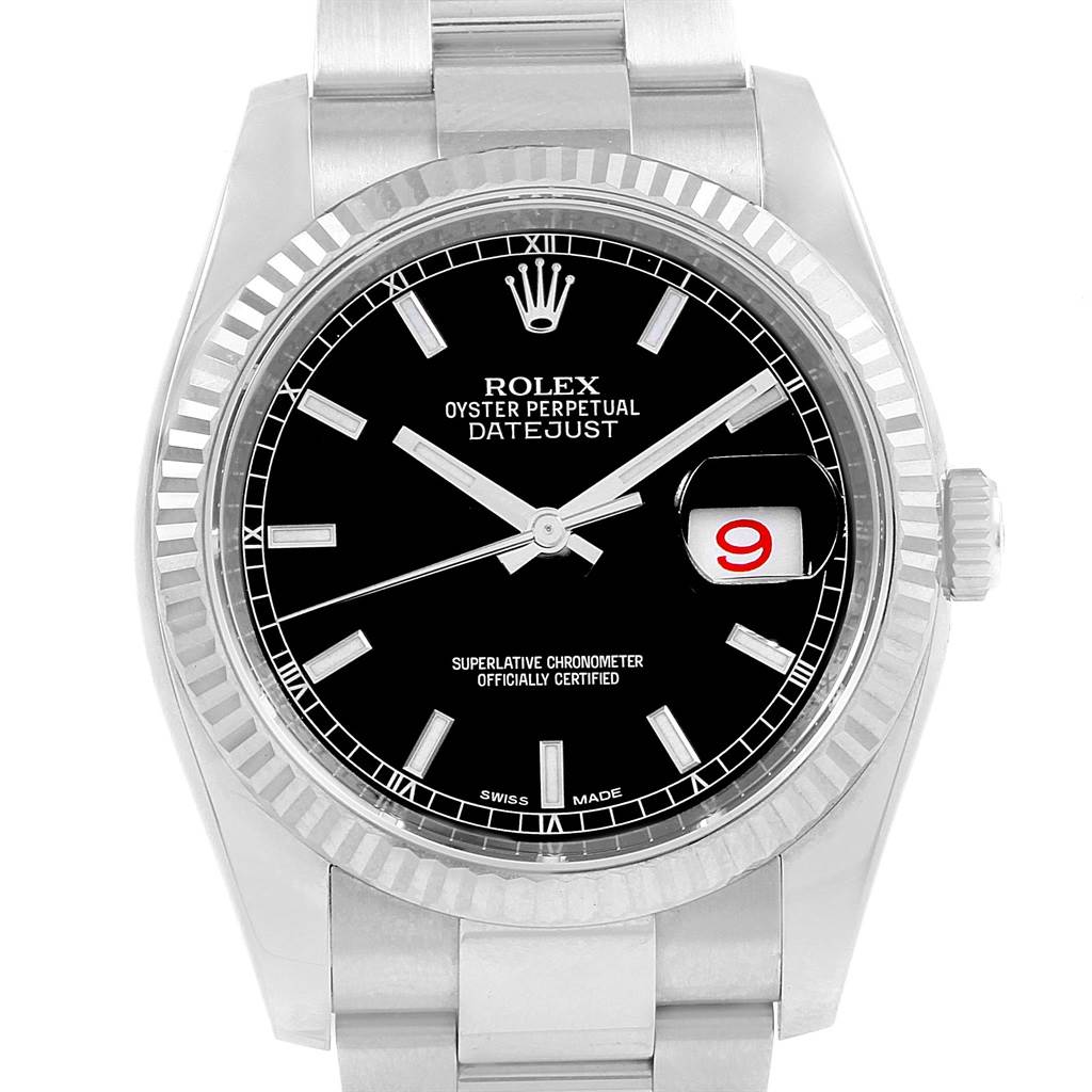 This image shows a front view of a Rolex Datejust 116234 Men
s Stainless Steel Black Dial 116234 Men
s Stainless Steel Black Dial watch with a black dial and a stainless steel bracelet.