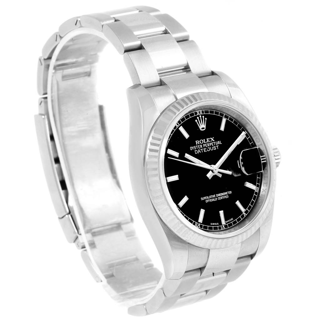The Rolex Datejust 116234 Men
s Stainless Steel Black Dial 116234 Men
s Stainless Steel Black Dial watch is shown at a slight angle, displaying its face, bezel, and part of the bracelet.