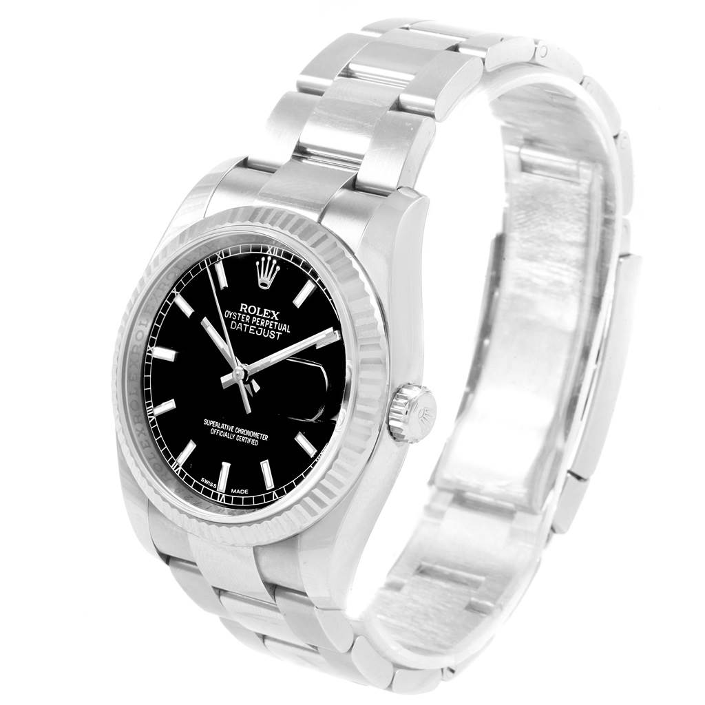 This image shows the Rolex Datejust 116234 Men
s Stainless Steel Black Dial 116234 Men
s Stainless Steel Black Dial watch from a front-left angle, displaying the face, bezel, and bracelet.