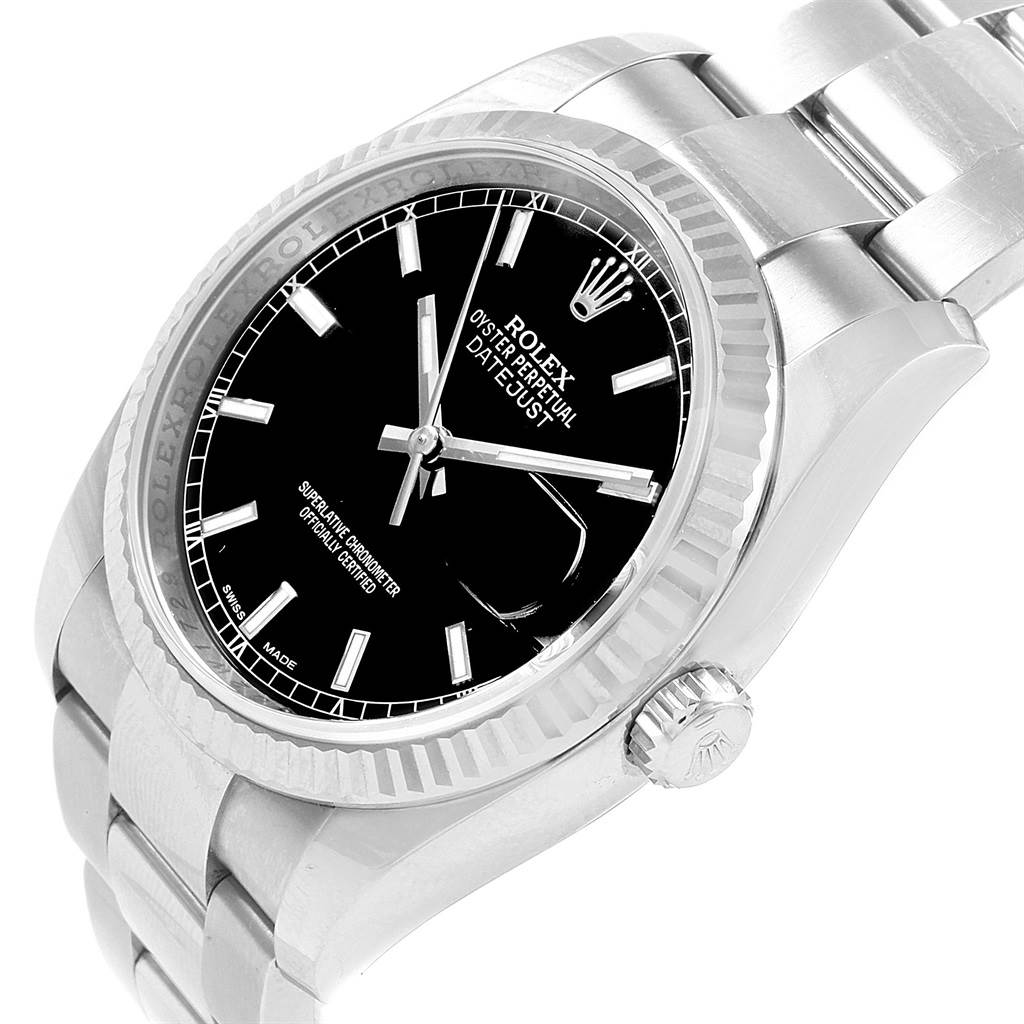The image shows a close-up side angle of the Rolex Datejust 116234 Men
s Stainless Steel Black Dial 116234 Men
s Stainless Steel Black Dial watch, highlighting the dial, bezel, crown, and bracelet.