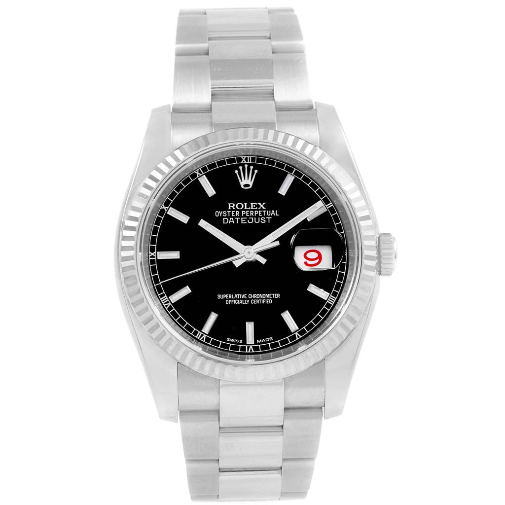 The Rolex Datejust 116234 Men
s Stainless Steel Black Dial 116234 Men
s Stainless Steel Black Dial watch is shown from a front angle, displaying the face, bezel, and bracelet.