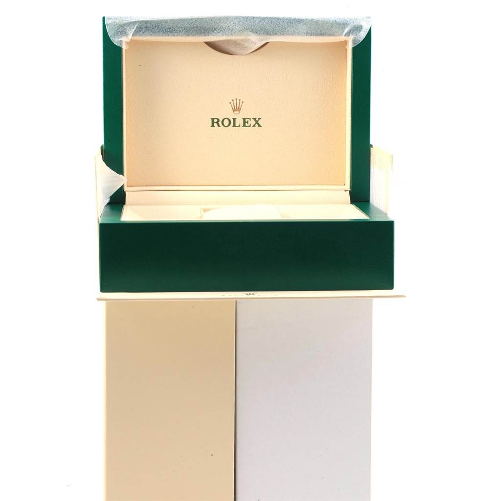This image shows an open box for a Rolex Datejust 116234 Men
s Stainless Steel Black Dial 116234 Men
s Stainless Steel Black Dial watch, taken from the front angle.