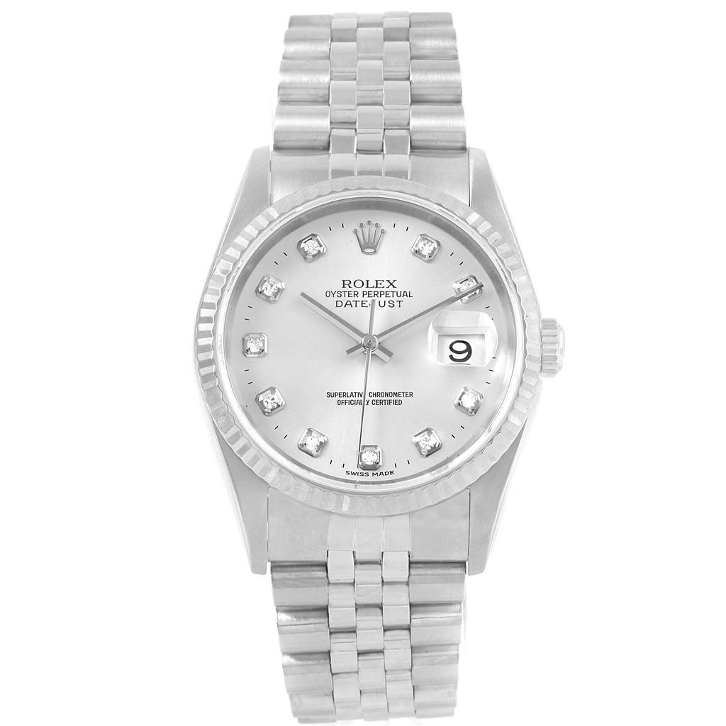 This image displays a front view of the Rolex Datejust 16234 Men
s Stainless Steel Silver Dial 16234 Men
s Stainless Steel Silver Dial watch, showcasing its dial, bezel, and Jubilee bracelet.