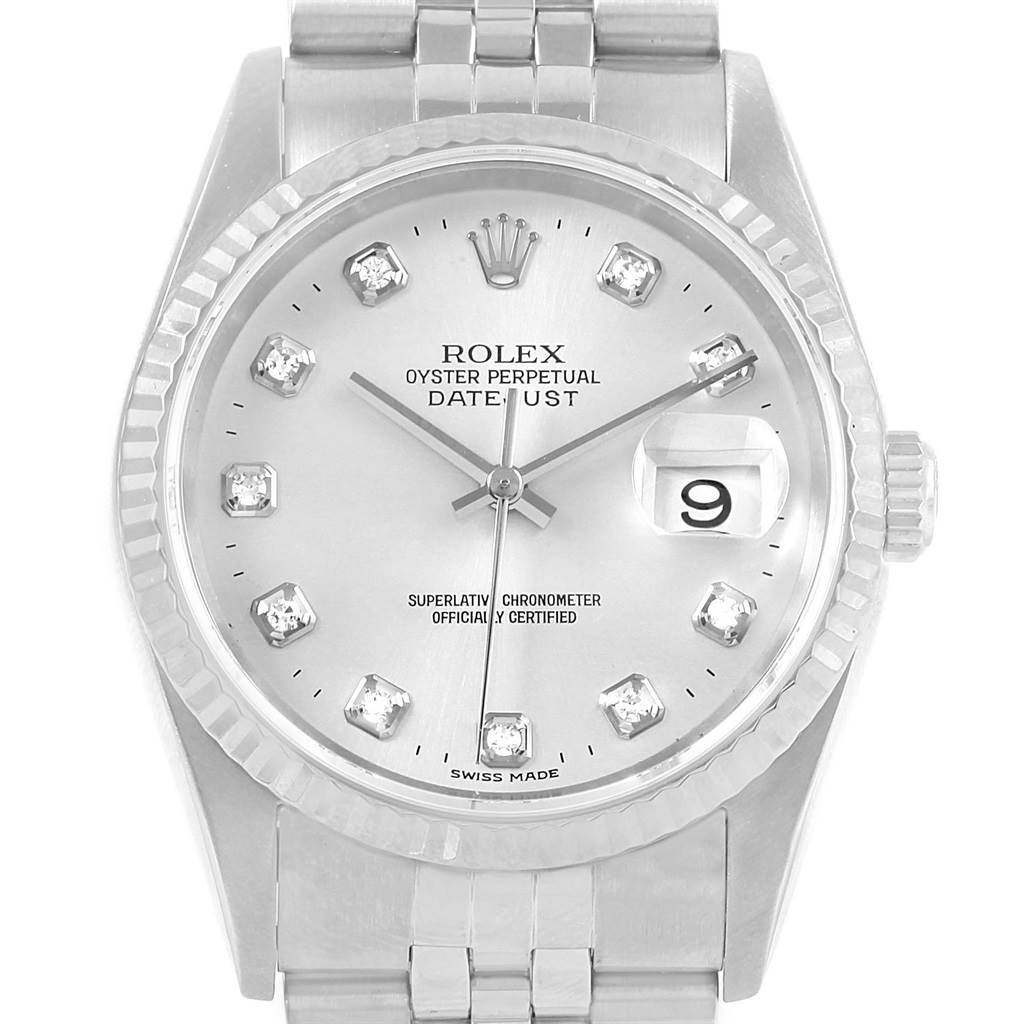 This image shows a close-up of the front face of a Rolex Datejust 16234 Men
s Stainless Steel Silver Dial 16234 Men
s Stainless Steel Silver Dial watch, displaying the dial, markers, hands, and date window.