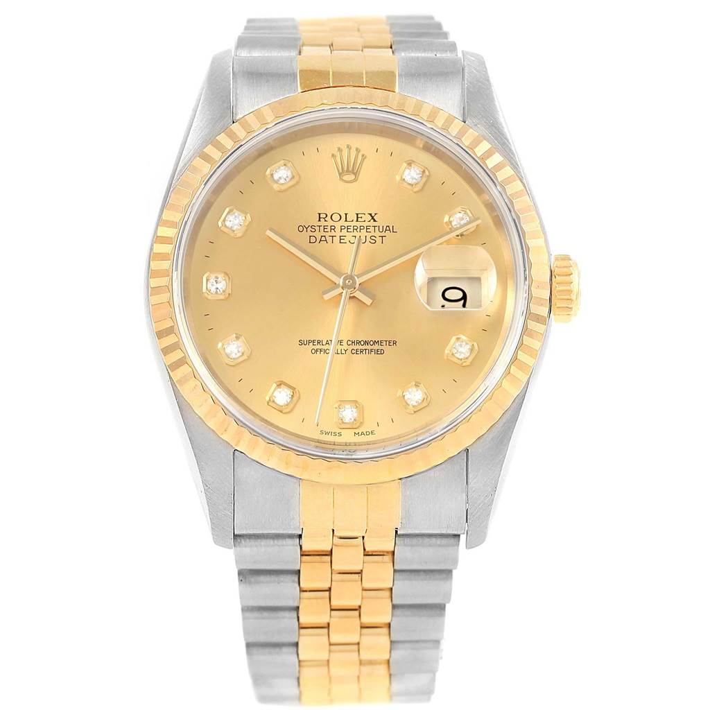 The image shows a front view of a Rolex Datejust 16233 Men's Steel and Gold (two tone) Champagne Dial 16233 Men's Steel and Gold (two tone) Champagne Dial watch, highlighting its two-tone strap, gold dial, and diamond hour markers.