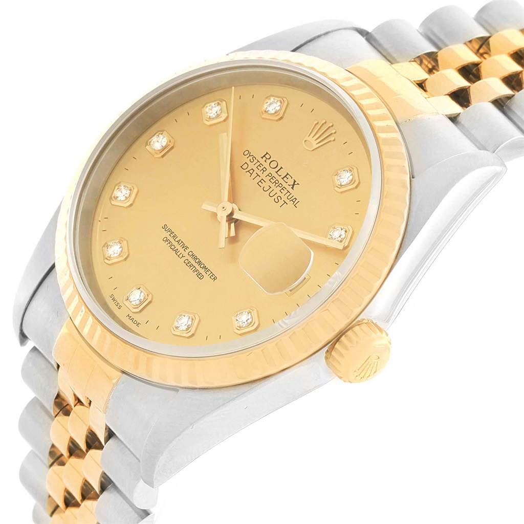 The image shows a close-up, angled view of a Rolex Datejust 16233 Men's Steel and Gold (two tone) Champagne Dial 16233 Men's Steel and Gold (two tone) Champagne Dial watch, highlighting its dial, bezel, crown, and bracelet.