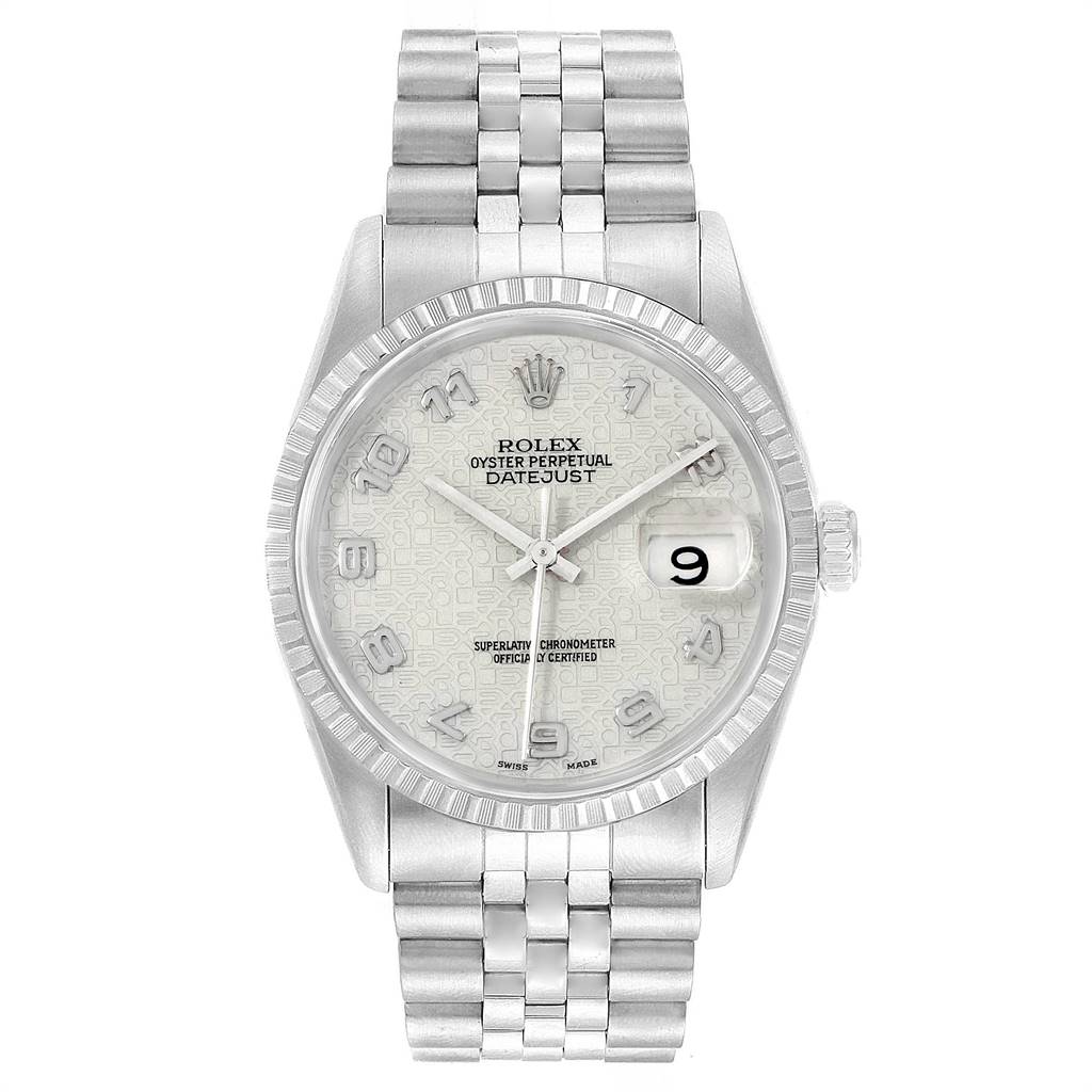 The Rolex Datejust 16220 Men's Stainless Steel Silver Dial 16220 Men's Stainless Steel Silver Dial watch is shown from a front angle, displaying its dial, bracelet, bezel, and crown.