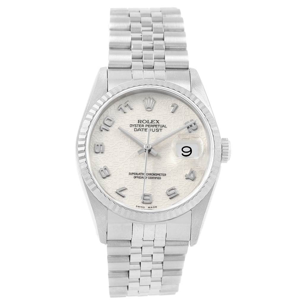 This image shows a front view of the dial and bracelet of a Rolex Datejust 16234 Men's Stainless Steel Silver Dial 16234 Men's Stainless Steel Silver Dial watch.