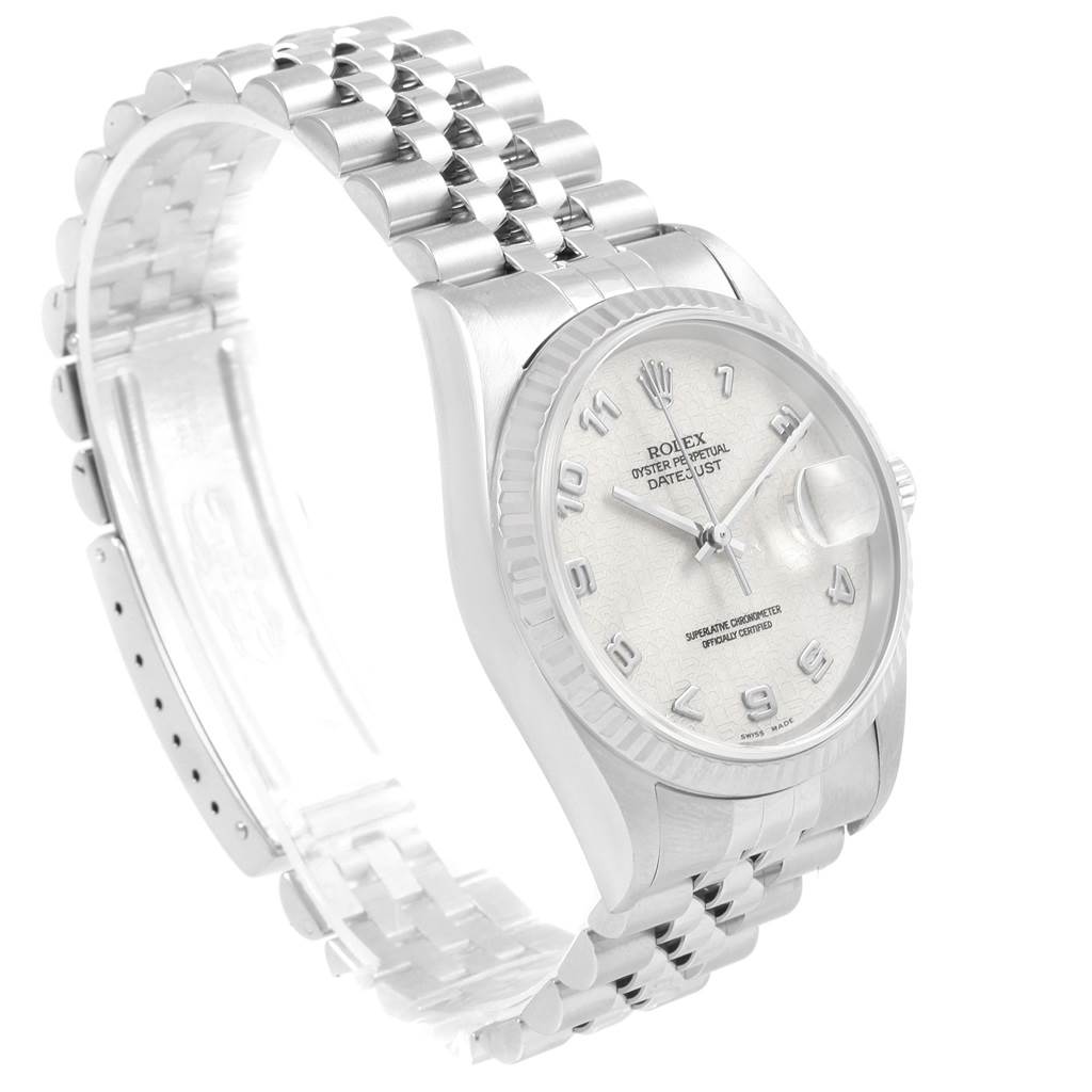 This image shows a Rolex Datejust 16234 Men's Stainless Steel Silver Dial 16234 Men's Stainless Steel Silver Dial watch from an angled side view, highlighting the bracelet, case, and dial.
