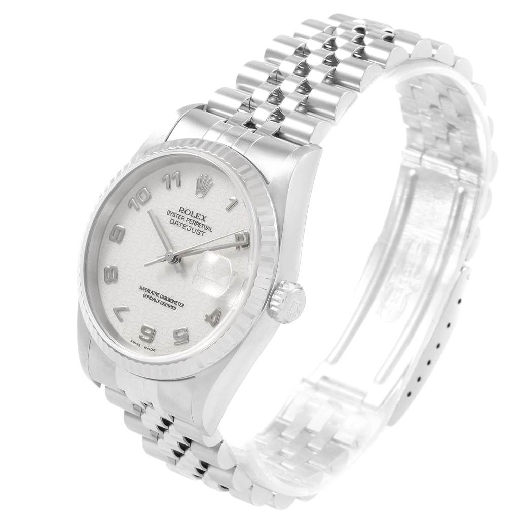 The Rolex Datejust 16234 Men's Stainless Steel Silver Dial 16234 Men's Stainless Steel Silver Dial watch is shown at an angled view, highlighting its face, bezel, crown, and Jubilee bracelet.