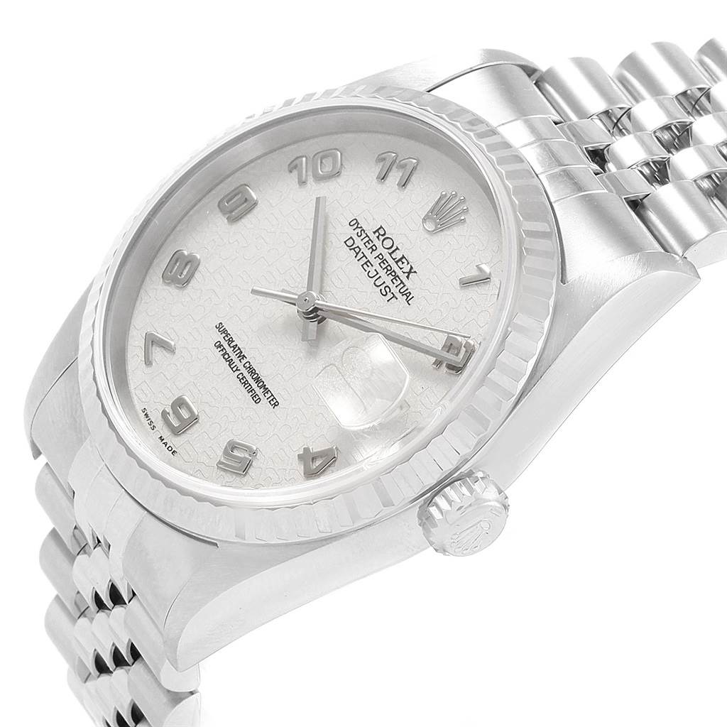 The image shows a Rolex Datejust 16234 Men's Stainless Steel Silver Dial 16234 Men's Stainless Steel Silver Dial watch from an angled view, highlighting the dial, bezel, crown, and part of the bracelet.