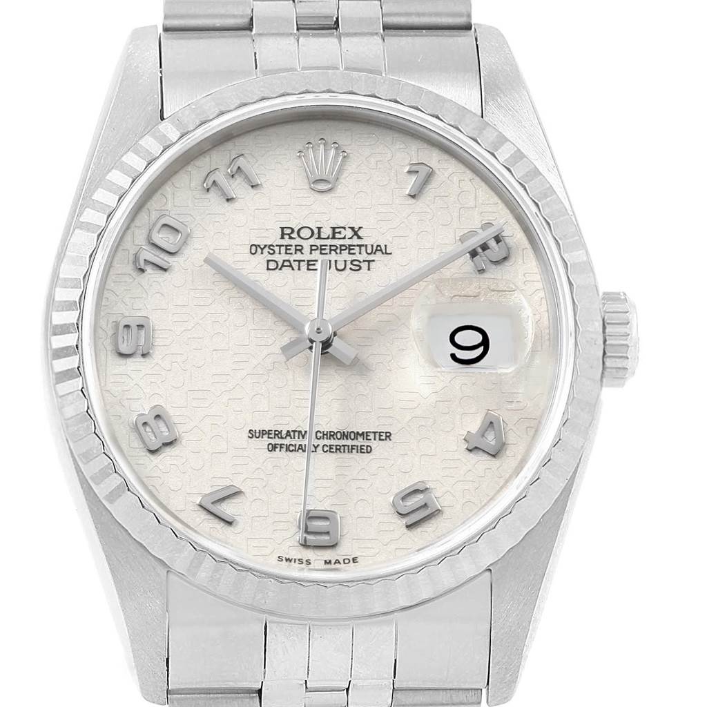 This Rolex Datejust 16234 Men's Stainless Steel Silver Dial 16234 Men's Stainless Steel Silver Dial watch is shown from a front angle, highlighting its dial, bezel, crown, and part of the bracelet.