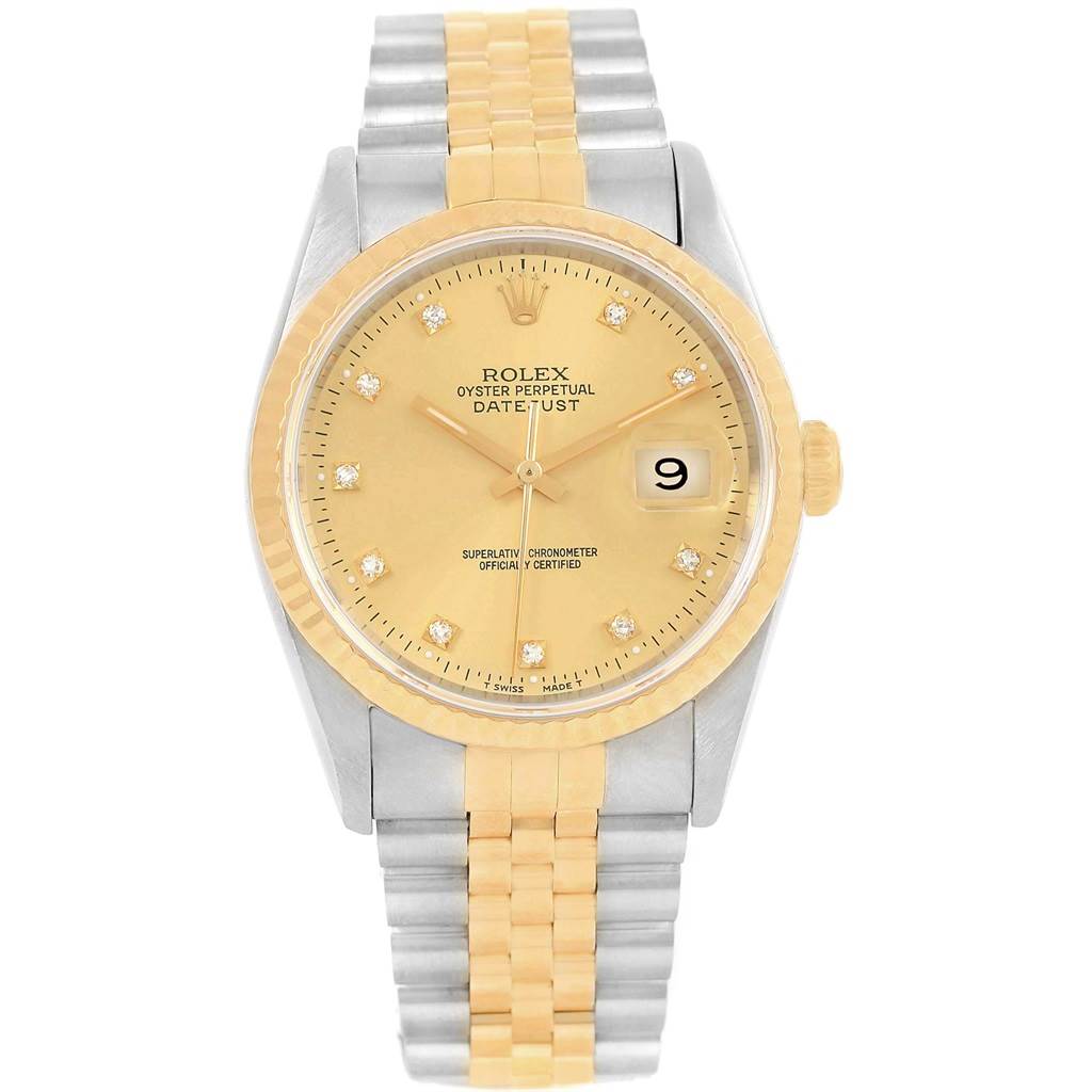 The Rolex Datejust 16233 Men's Steel and Gold (two tone) Champagne Dial 16233 Men's Steel and Gold (two tone) Champagne Dial watch is shown from a top view, displaying its face, bezel, and jubilee bracelet.