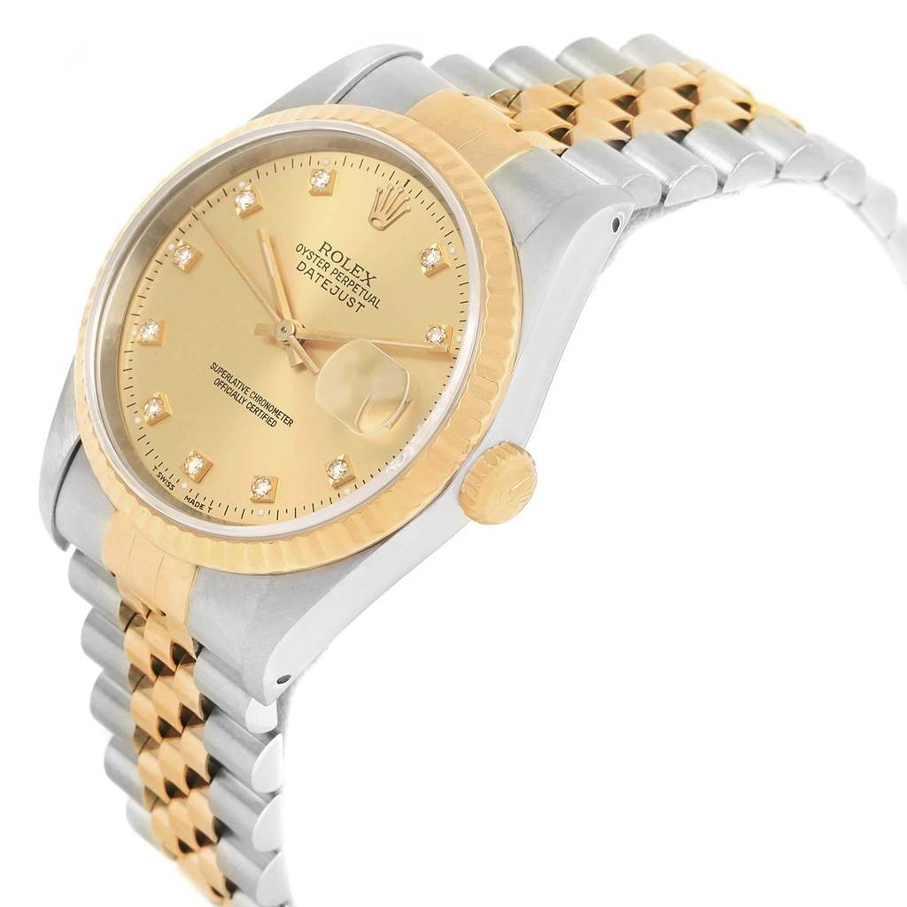 The image shows a Rolex Datejust 16233 Men's Steel and Gold (two tone) Champagne Dial 16233 Men's Steel and Gold (two tone) Champagne Dial watch at an angled view, displaying the bezel, dial, crown, and part of the bracelet.