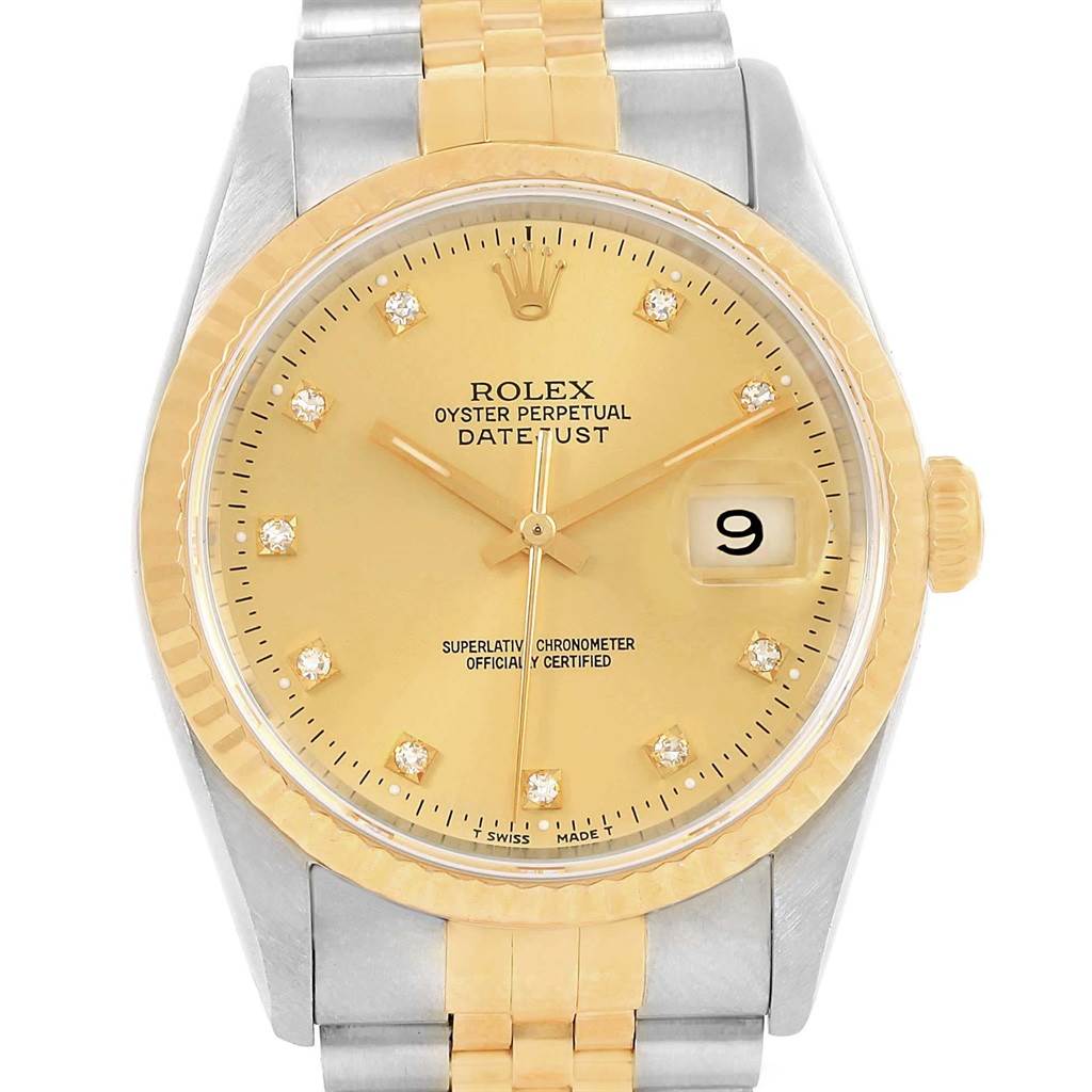 This image shows a front view of a Rolex Datejust 16233 Men's Steel and Gold (two tone) Champagne Dial 16233 Men's Steel and Gold (two tone) Champagne Dial watch, highlighting its dial, bezel, and bracelet.