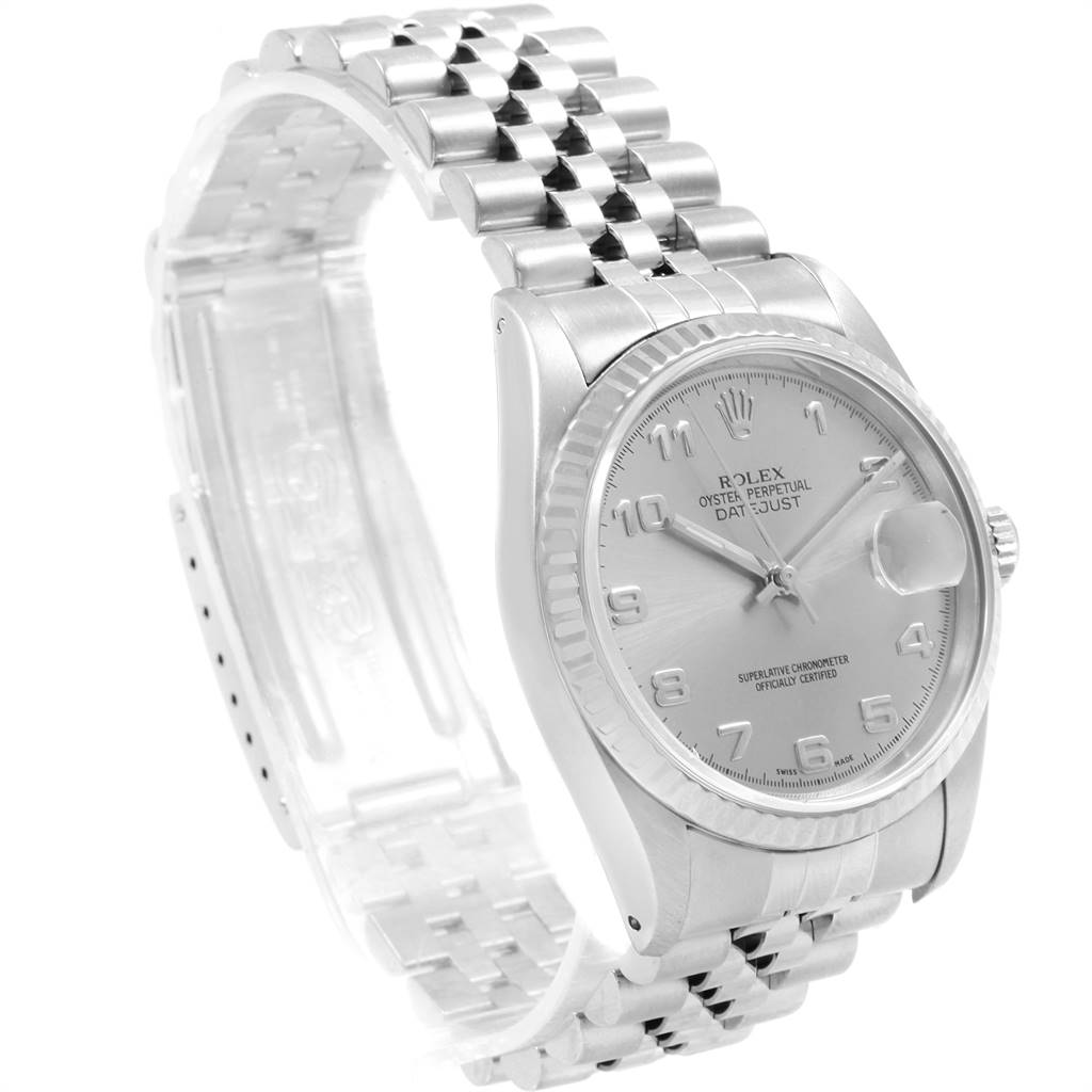 The image shows a three-quarter angle of a Rolex Datejust 16234 Men
s Stainless Steel Silver Dial 16234 Men
s Stainless Steel Silver Dial watch, highlighting its dial, bezel, and bracelet.