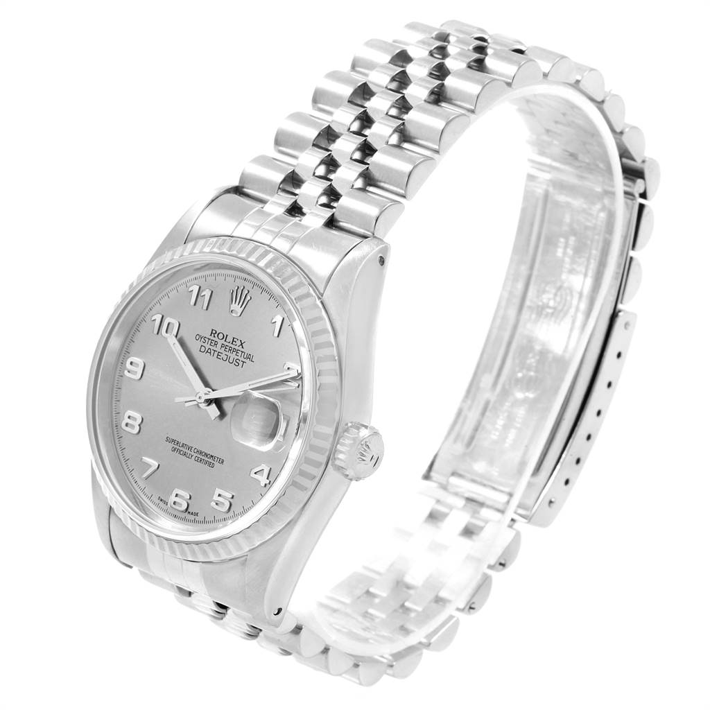 The image shows a Rolex Datejust 16234 Men
s Stainless Steel Silver Dial 16234 Men
s Stainless Steel Silver Dial watch at a three-quarter angle, highlighting the dial, bezel, crown, and bracelet.